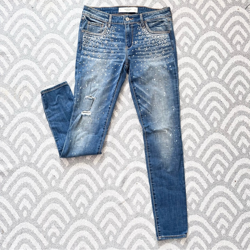 ABERCROMBIE & FITCH Women’s Super Skinny Fit Bedazzled Blue Denim Jeans 8 NWT